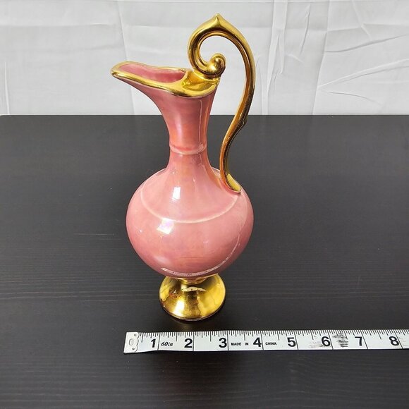 Vintage Ceramic Pitcher Vase 8.5" Pink Warranted 22 KT Gold Trim Mid Century USA - Picture 6 of 7